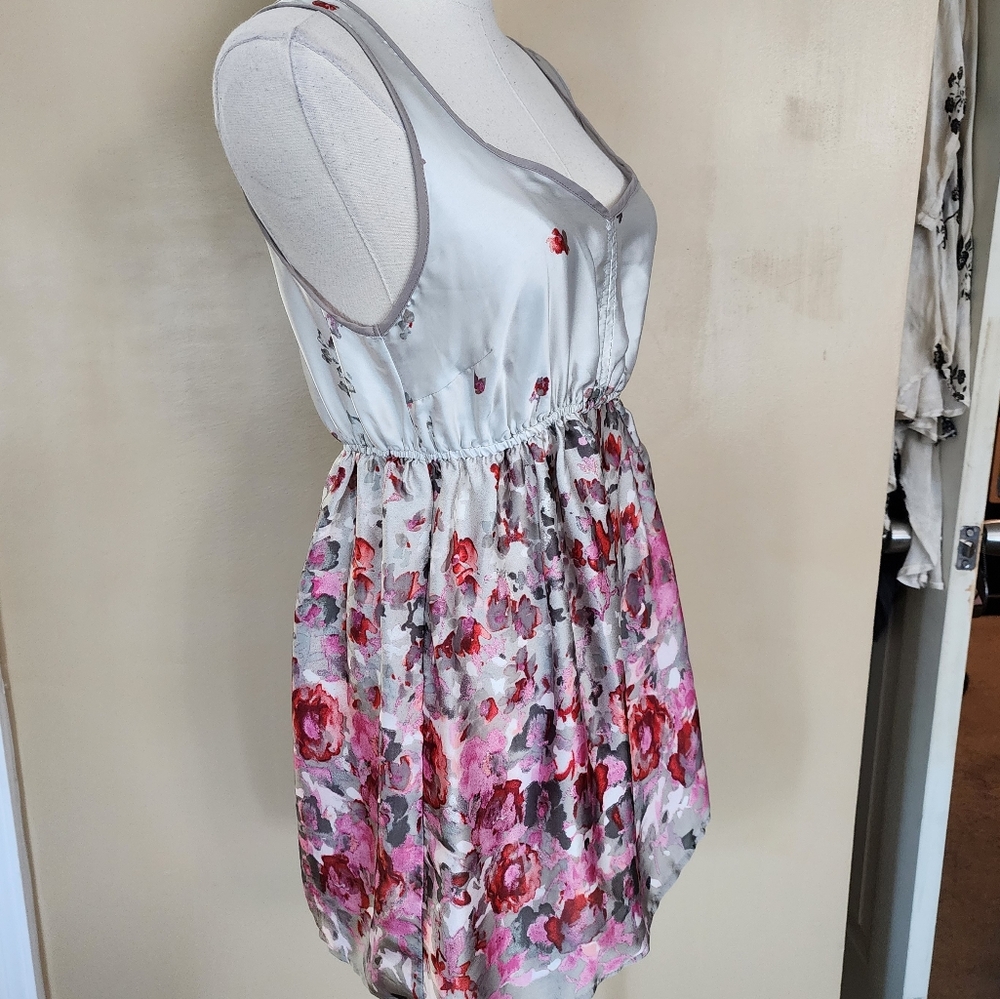 Grey/Pink Floral Satin Mini Dress, Women's S - Picture 2 of 9